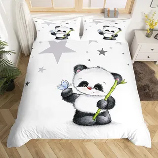 Loussiesd Panda Drucken Bettwäsche Set 135x200cm für Baby Kinder Mädchen Bettbezug Cartoon Tiere Dekorativ Atmungsaktiv Mikrofaser Betten Set Weiß schwarz mit 1 Kissenbezug 80x80cm