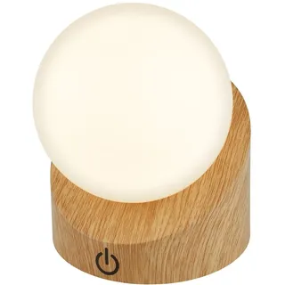 Briloner - Mini LED Tischlampe kabellos IP54 mit Touch, dimmbar in Stufen, Akku & Lichtquelle tauschbar, Nachttischlampe, Kugel, LED Lampe, Akku Tischleuchte, Outdoor Lampe, 10x8x9 cm, Holzoptik