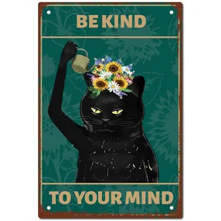 CREATCABIN Schwarze Katze-Schild,Wanddekoration,Kunst,Metallblechschild,Poster,Vintage-Retro-Plaketten,Gemälde Für Zuhause,Küche,Kaffee,Kneipe,Dekorationen,20x30cm–Seien Sie Freundlich Zu Ihrem Geist