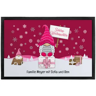 True Statements Weihnachts-Fußmatte personalisiert mit Wunschtext „Schöne Weihnachten“ - mit Wichtel Motiv (rosa) - für Innen & Außen – rutschfest –Deko - Geschenke Weihnachten (90 x 60 cm)