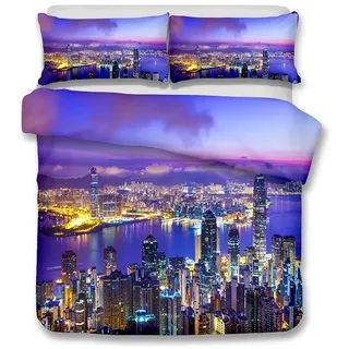 Enhome Bettbezug Bettwäsche Set, 3 Teilig 3D Moderne Stadt Erwachsener Kind Weiche Mikrofaser Bettwäsche-Set Bettbezüge mit Reißverschluss + 2 Kissenbezüge (135x200cm,New York)