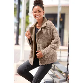 Fellimitatjacke LASCANA "mit Lederimitat-Einsätzen und Knopfleiste, Teddyjacke", Damen, Gr. 44, grau (taupe), Plüsch, Obermaterial: 100% Polyester, unifarben, figurumspielend hüftlang, Jacken, Sherpa-Jacke aus Teddyplüsch mit Taschen, Übergangsjacke, Oversize