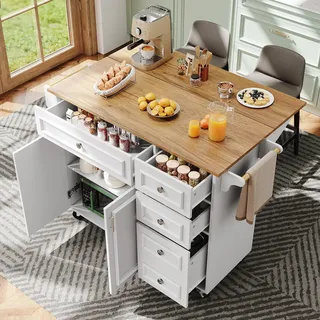 Merax Kücheninsel mit klappbarer Arbeitsplatte, Küchenwagen mit Stauraum & Schublade, Küchenschrank als Servierwagen, Buffetschrank, mobiler Küchentisch,weiß,110x45-75x92cm