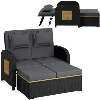 STEELSØN Gartenlounge-Set Caelum Gartensofa mit Liegefunktion, (schwarz/anthrazit, mit Kissen, wetterfest), Rattan Sonnenliege, herausziehbare Bank, ausklappbare Seiten-Tabletts schwarz