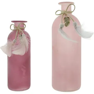 Dekoleidenschaft 2 Vasen aus Glas in rosa Beeren-Tönen, verziert mit Federn, 16 und 20 cm hoch, Glasvase, Blumenvase, Tischvase, Vasenset