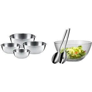 WMF Gourmet Schüsselset 4-teilig, Edelstahl Schüsseln für die Küche 0,75l - 2,75l & Taverno Salatschüssel Set 3-teilig, Salatbesteck 25 cm mit Salatschale, runde Schale 23,5 cm, Glas, 43 x 30 x 30 cm