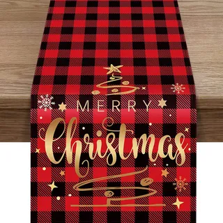 Roter Und Schwarzer Tischläufer, 183 Cm, Leinenstoff, Winter- Und Weihnachtsmotiv