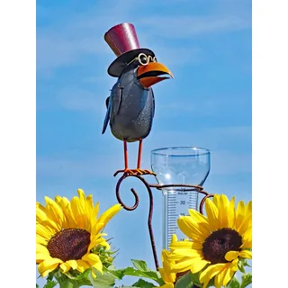 Pommerntraum ®| Regenmesser Pluviometer Rabe Gartendeko Niederschlagsmesser | Ombrometer Gartenstecker Vogelfigur Gartendekoration Gartenkunst Vogel Vögel (HERR PROF. DR. RABE MIT HUT