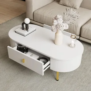 Merax Couchtisch mit 2 Schubladen, goldenen Griffen und Beinen, Wohnzimmer Tisch modern mit gebogene Ecken, Beistelltisch aus MDF, Weiß + Gold - Weiß