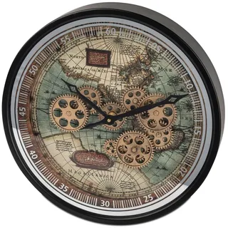 formano Wanduhr Weltkarte Zahnräder 40x40 cm Metall sichtbar drehende Zahnräder, Spiegel-Elemente, modernes Design, batteriebetrieben, stilvolle Uhr für Wohnzimmer und Büro