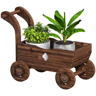 Hochbeet rollbar Tannenholz, Pflanzbeet Holz Wagenform, Blumenkasten Vintage, Verkohlt | Drainagelöcher | 4 Räder | 68 x 38 x 52 cm