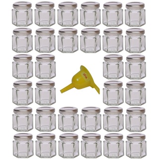 Viva Haushaltswaren - 32 x Mini Einmachglas 47 ml mit silberfarbenem Deckel, sechseckige Glasdosen als Marmeladengläser, Gewürzdosen, Gastgeschenk etc. verwendbar (inkl. Trichter Ø 12,3 cm)