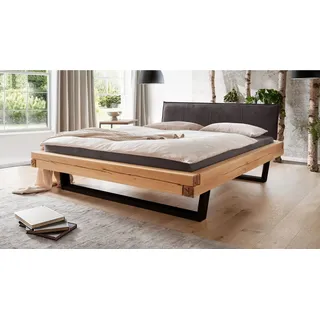 Massivart® Massivholzbett Massivholzbett Balkenbett SVEA / Fichte geölt und gebeizt, Farbe Natur-Eiche / Polsterkopfteil anthrazit / Kufen-Gestell schwarz braun 140 cm x 228 cm x 100 cm