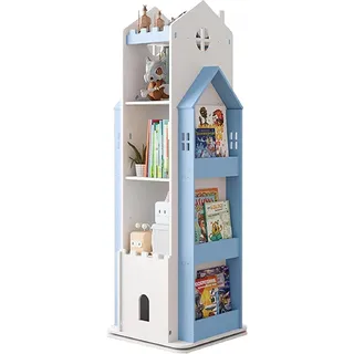 QTQHOME 360° drehbares Kinder-Bücherregal, bodenstehendes Regal mit Aufbewahrungsregalen auf beiden Seiten, geeignet für Familienstudium, Schlafsaal, Schlafzimmer, Bücherregale (3 Etagen, blau)