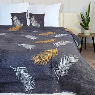Euromat Tagesdecke Steppdecke Bettüberwurf Gesteppte Tagesdecke mit 2 Kissenbezüge 40x40 cm- (Grau Violett Blätter- F-8600, 220x240 cm)
