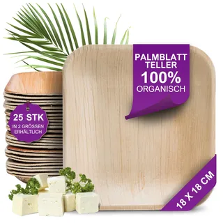 Waipur Bio Palmblatt Teller - 25 Stück eckig 18x18 cm - Premium Einmalteller kompostierbar - Umweltfreundliche Party-Teller - ähnl. Einweg Bambus Geschirr