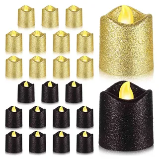 Whisverse 24 Packungen Gold Flammenlose Votivkerzen Schwarz Glitzer LED Teelichter Batteriebetriebene Teelichter Warm Gelb Lichthalter