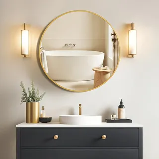 Sqinor Runder Spiegel Rund Gold 40cm Klein Wandspiegel Bad ohne Bohren | Hängend oder Kleben, HD Spiegelglas, Modern Badspiegel Rund mit Aluminium Rahmen, Deko Runder Spiegel für Badezimmer Flur