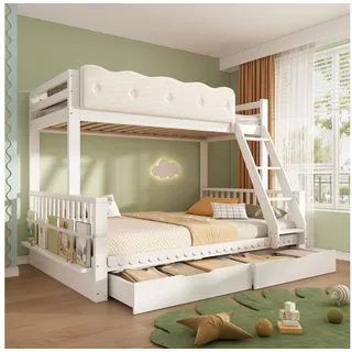 Celya Etagenbett 90x200/140x200 cm mit 2 Schubladen (Ohne Matratze, mit Wolken-Geländer und Zeitschriftenständer), Holz-Familienbett für Kinder und Erwachsene weiß