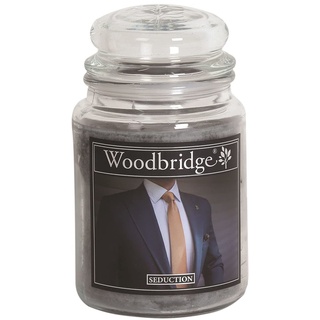 Woodbridge Duftkerze im Glas mit Deckel | Seduction | Duftkerze Amber | Kerzen Lange Brenndauer (130h) | Duftkerze groß | Kerzen Grau (565g)