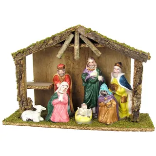 Haushalt International Krippe XL Weihnachtskrippe aus Holz mit 7 Figuren aus Porzellan - 30x10x21cm