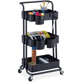 Relaxdays Rollwagen, 3 Etagen, 2 Bremsen, Allzweckwagen für Küche und Büro, Rollregal HBT 86x38x39 cm, Metall, schwarz