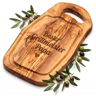 Olivenholz Steakbrett mit Saftrille - Personalisiertes Schneidebrett mit Grifflasche für Steak, Fleisch, Grill & BBQ (44-49 cm)