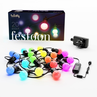Twinkly Festoon - LED-Birnen-Lichterkette mit 20 RGB-LEDs - Intelligente Innen- und Außenbeleuchtung - App-gesteuert, schwarzes Kabel, 10 m