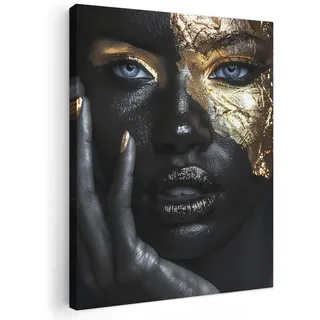 MuchoWow© Bilder Wohnzimmer Deko Modern Wandbild Foto auf Leinwand Bild | 30x40 cm - Schlafzimmer über Bett Room Decor Geschenke Frau - Gold - Porträt - Schwarz-Weiß - Luxus