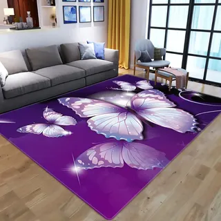 Xisnuient Kinder Teppiche 3D Doodle Schmetterling Blume Muster Jungen MäDchen Wohnzimmer Teppich Kids Zimmer Spiel Flauschiger Carpet Waschbar KüChe Bad Anti-Rutsch-FußMatte (Lila,80x120 cm)
