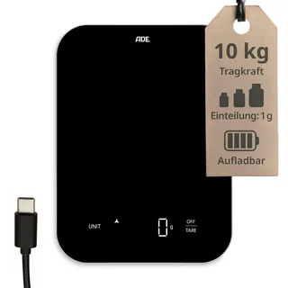 ADE Küchenwaage digital | aufladbar per USB-C | bis 10 kg auf 1 g genau | Lebensmittelwaage aus Glas mit Tara-Funktion | beleuchtete Anzeige | grammgenaue Essenswaage | in g, ml, oz | schwarz