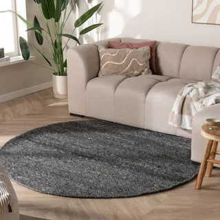 FRAAI | Home & Living Wollteppich Rund - Feline Anthrazit Ø 200 cm - Wolle - Flachgewebe - Einfarbig - Modern, Skandinavisch - Wohnzimmer, Esszimmer, Schlafzimmer