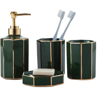Tauzveok Badezimmer Keramik Set Grün, 4 Teiliges Seifenspender Set Mit Seifenspender, Seifenschale Und 2 Zahnputzbecher, Für Bad Organizer,Grün