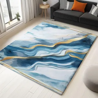 Generisch Moderner Teppich Marmor Blau Gold 80x150cm Wohnzimmer Teppich Weich Kurzflor Teppich Waschbar rutschfest Design für Schlafzimmer, Esszimmer, Küchen
