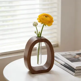 Reagenzglas Vase Holz mit Fuß, Blumenvase Glas Modern, Hydrokultur Glasvase, Holz Reagenzglas Vase für Blumen, Blumenröhrchen Vasen Glas, Pflanzenglas mit 1 Loch für Frische Blumen Trockenblumen (B)