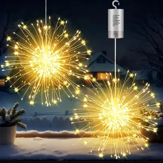 Joycome Leuchtkugel Weihnachten 2 Stück 180 LED Weihnachtsbeleuchtung Außen Batterie mit Fernbedienung, 8 Modi Feuerwerk Lichterkette Wasserdicht Hängende Weihnachtsdeko Fenster für Innen (Warmweiß)