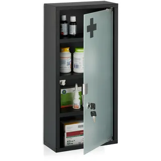Relaxdays Medizinschrank, 4 Fächer, HxBxT: 57 cm, abschließbarer Medikamentenschrank, Stahl, Glastür, schwarz