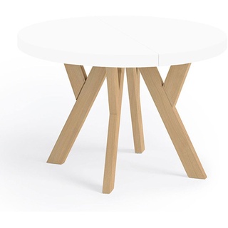 Runder Ausziehbarer Tisch für Esszimmer, PERO, Loft-Stil, Skandinavische, Durchmesser: 80 / 130 cm, Farbe: Weiß / Buche Natur