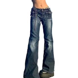 FUZUAA Frauen Y2K Baggy Denim Hosen Korean Style Harajuku Hot Mom Denim Jeans Grunge Vintage Taschen Niedrige Taille Skinny Flare Pants 20s Retro Cargo Pants