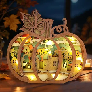 Herbstdeko Holz Beleuchtung, 3D Herbst Dekoration Holz Ahornblatt Kürbis Deko Mit LED Lichterkette, Herbst Deko Innen Lampe Für Schlafzimmer Wohnzimmer Tisch Deko, Geschenk Für Erntedank (Kürbis)