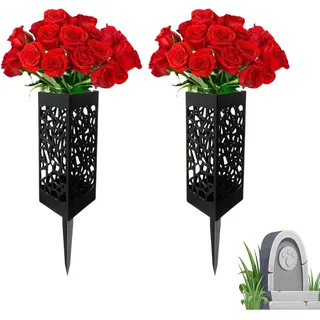Cyrank 2 Stücke Grabvase, Friedhofsvase, Grabvase mit Erdspieß, Grab Blumenvase, 43,2 cm hohe Schwarze Kunststoff-Gedenkvase mit langem Spike-Pfahl und Abflusslöchern für Grabblumenmarkierung