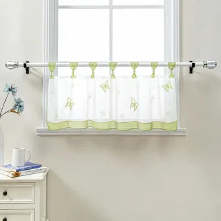 Delien Scheibengardinen Küche »Schmetterling« B90 x H30 cm, Grün | 1 Stück,Voile,Bistrogardine mit Schlaufen,Schmetterling Stickerei,Transparente Küchengardine,Landhausstil Kurzstores