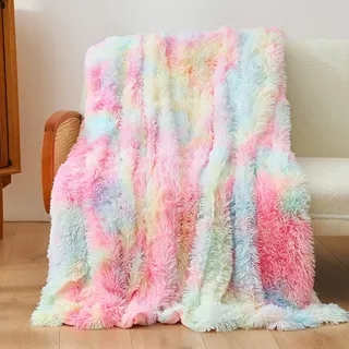 Regenbogen Doppelseitige Kuscheldecke Flauschig Regenbogen Decke Weiche Komfort Tie-Dye Bunt Decke Warme Wohndecke Microfaser Kunstfell Fleecedecke Wendedecke Sofadecke Tagesdecke Stil C 80x120cm
