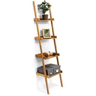 Relaxdays Leiterregal Bambus, HxBxT:176x44x37cm, 4-stufig, Standregal mit Ablagen, Holzregal, natur