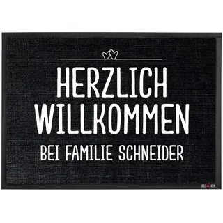 Herz & Heim® personalisierte Schwarze Fußmatte mit Wunschtext-Aufdruck, Innenbereich, rutschfest 60 cm x 40 cm (B/H)