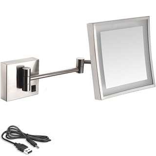 8-Zoll-Badezimmerspiegel zur Wandmontage, wiederaufladbarer USB-Schminkspiegel, 3-fache Vergrößerung, Rasierspiegel, 180° drehbarer Kosmetikspiegel, LED-beleuchtete Wandspiegel, quadratischer Kosmeti