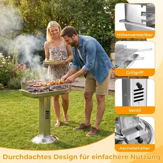 Wetterfester Edelstahl-Kohlegrill - Säulengrill - Höhenverstellbarer verchromter Rost - Aschebehälter - Belüftung - Piezozündung - Sauerstoffm... - Schwarz