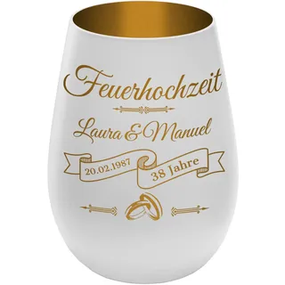 Graviertes Windlicht mit Personalisierung für Hochzeitstag Weiß/Gold mit Motiv 'Feuerhochzeit' – mit Namen und Datum – Geschenk, Kerzenglas, Deko, Teelichthalter