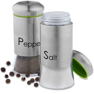 KADAX Salz- und Pfefferstreuer Set, 2-teilig, 150 ml, Streuer aus Glas und Edelstahl, Mini-Salzstreuer, Gewürzstreuer mit Deckel, Gewürzglas, klein, transparent/silber