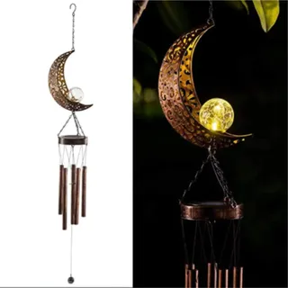Solar Windspiel mit Mond LED-Licht, Außendekoration für Terrasse und Hof | Melodische Solar-Windglocke mit warmer Beleuchtung, wetterfestes Metall, zauberhafte Gartendeko Geschenk für Gartenliebhaber